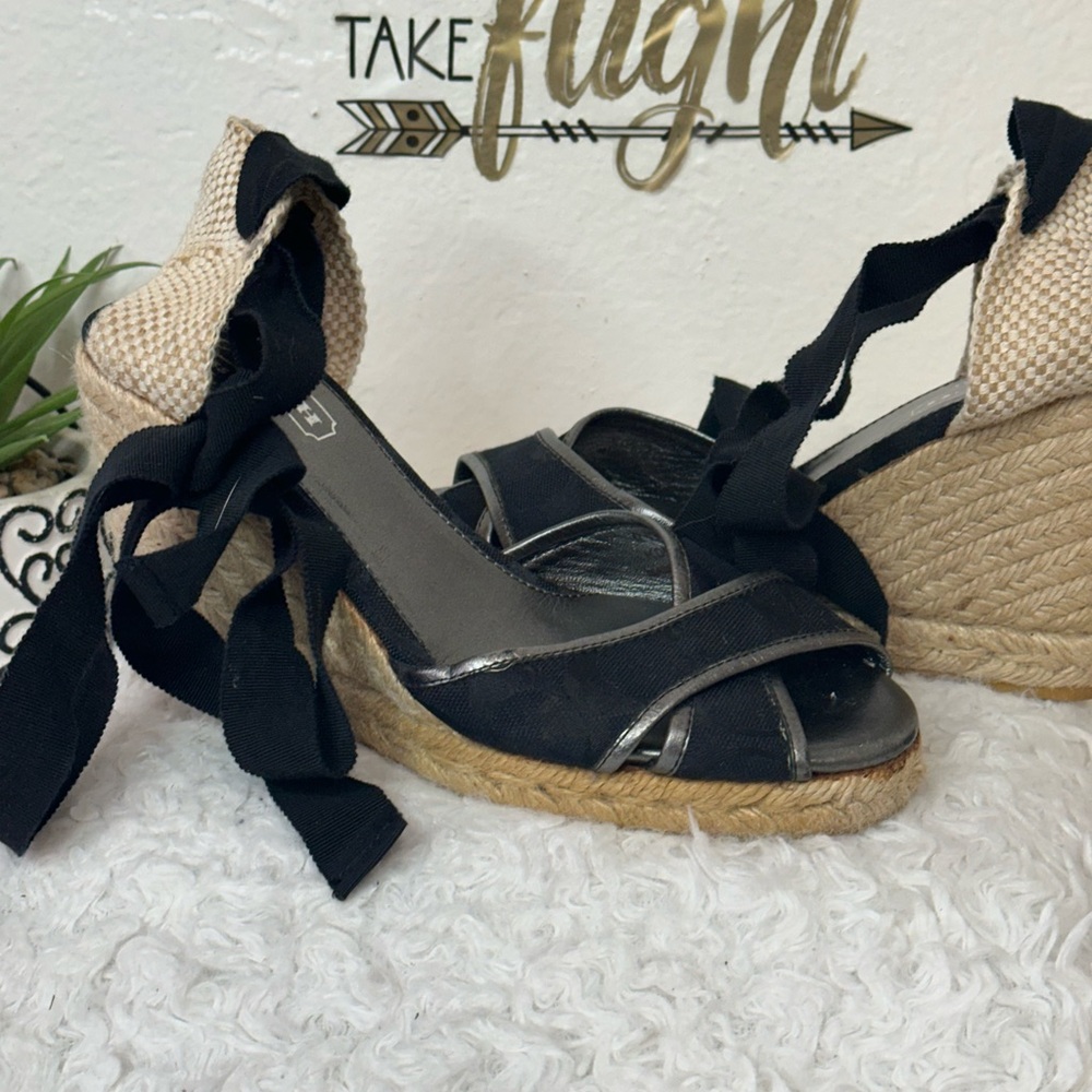 Coach Black and Tan Ribbon Wedges